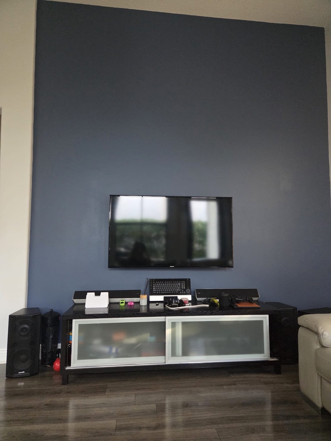 Plain television wall before the custom wood and LED installation
